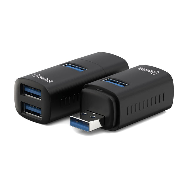 AV:Link 3 Port Mini USB-A Hub shown from two angles in matte black ABS with one USB 3.2 and two USB 2.0 ports and side ventilation slots.
