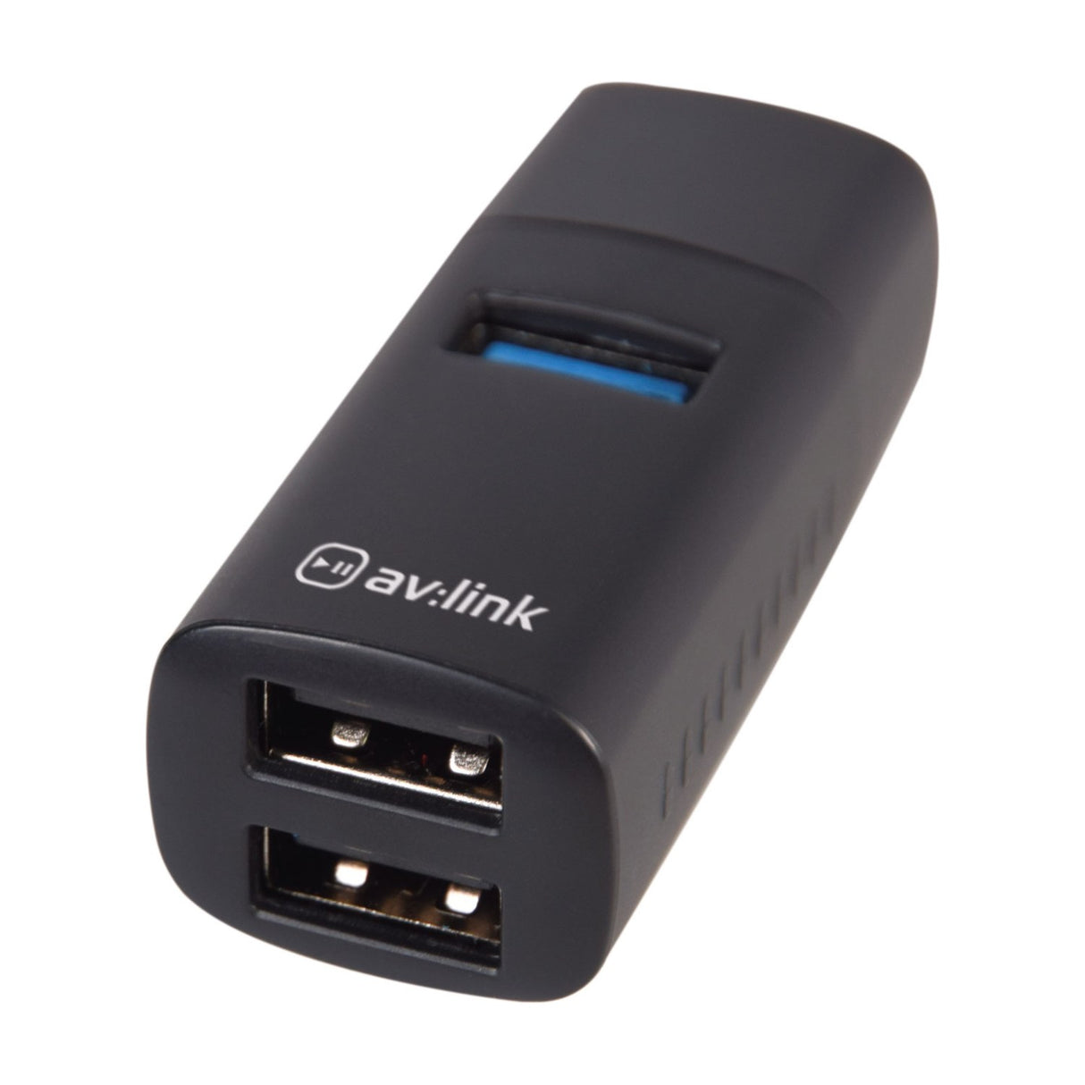 AV:Link 3 Port Mini USB-A Hub in matte black with one USB 3.2 port on top and two USB 2.0 ports at the end, shown on a white background.