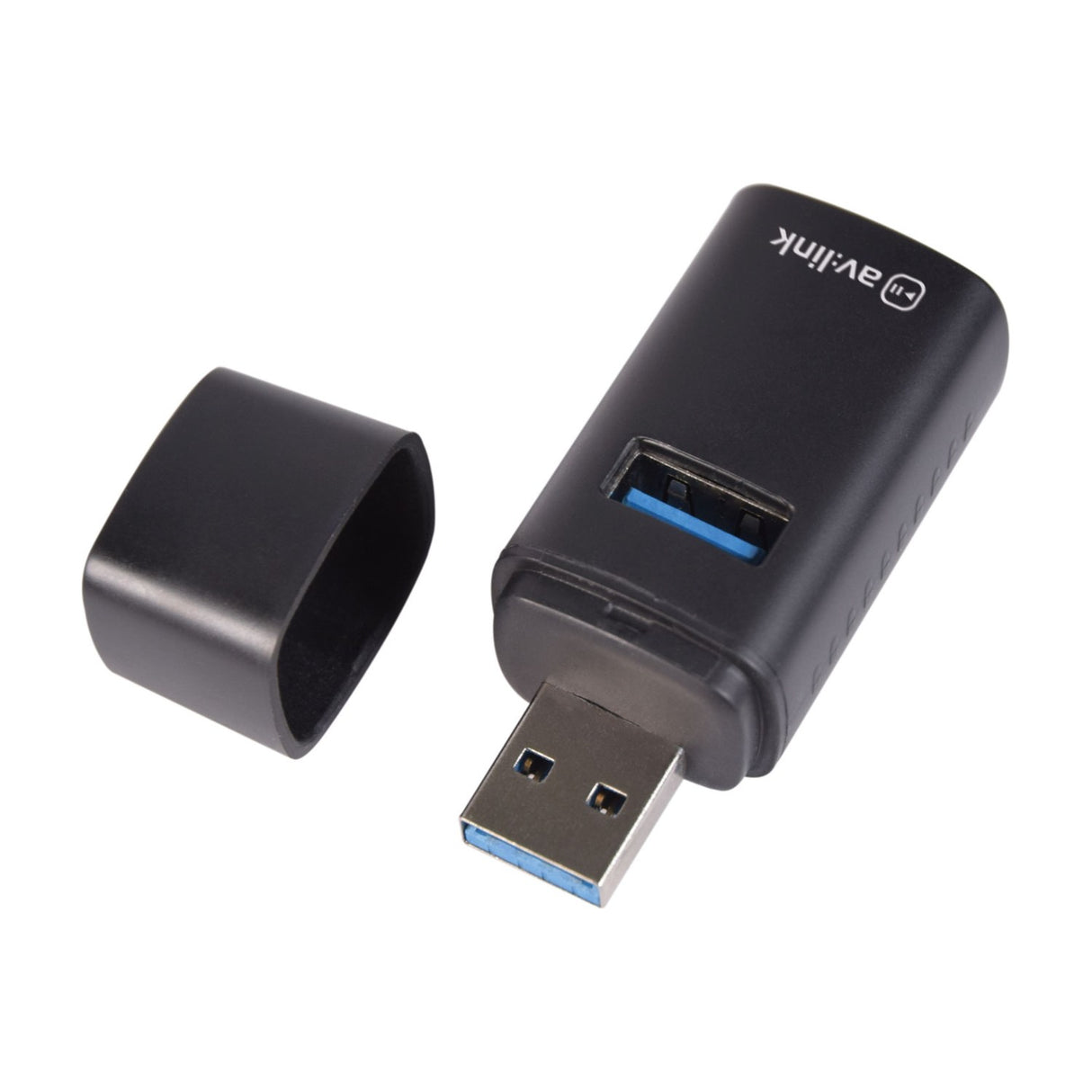 AV:Link 3 Port Mini USB-A Hub in matte black ABS with USB 3.2 Type-A male connector exposed and detached end cap beside it on a white background.
