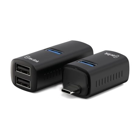 AV:Link 3 Port Mini USB-C Hub in matt black, showing the USB-C plug, one USB 3.2 port, and two USB 2.0 ports with ventilation slots.