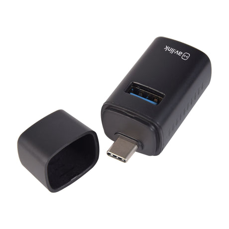 AV:Link 3 Port Mini USB-C Hub in matte black with USB-A port visible and removable cap detached, shown on a plain white background.
