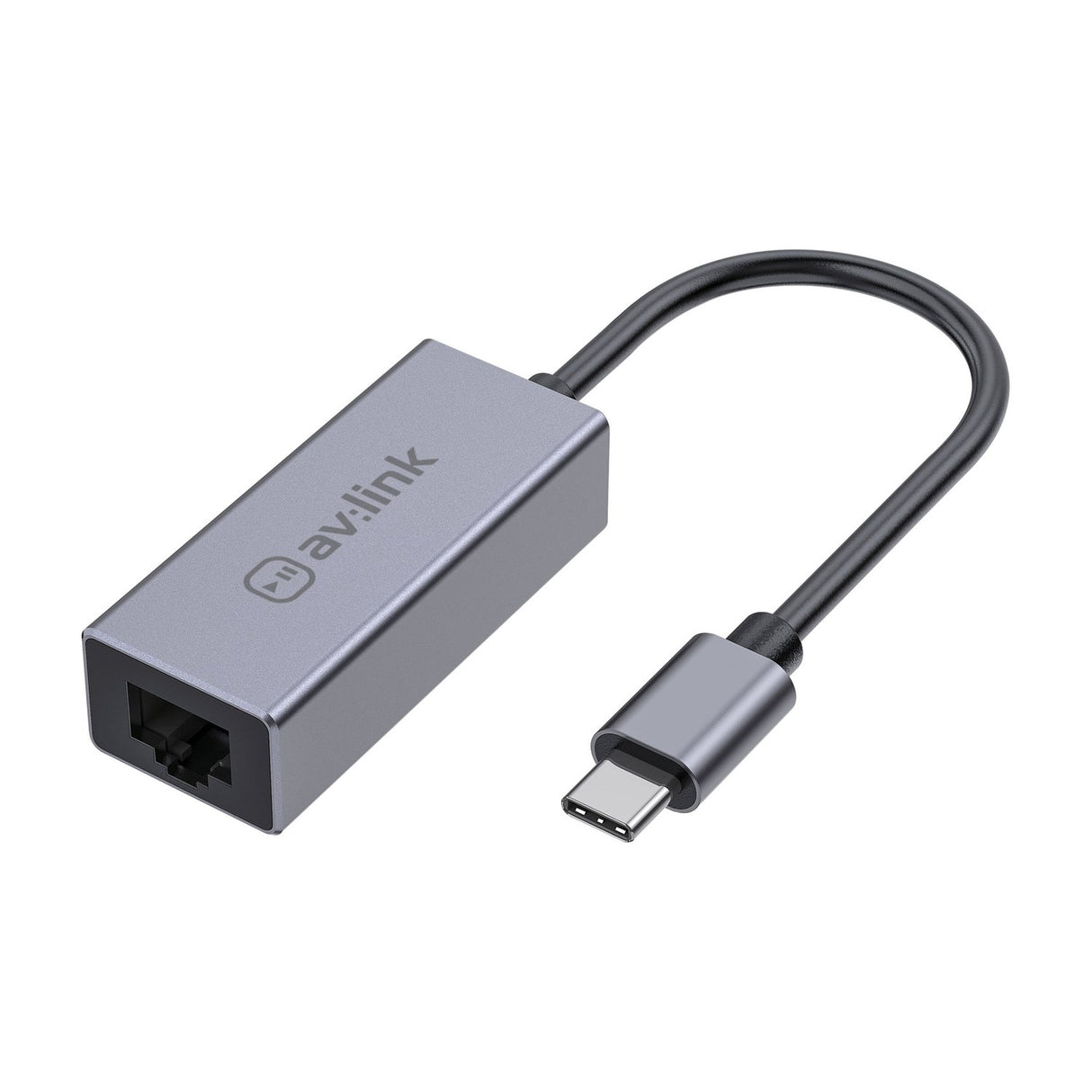 AV:Link USB-C to RJ45 Gigabit Ethernet adaptor with brushed aluminium grey housing, short black cable and USB-C plug, shown on a white background.