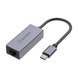 AV:Link USB-C to RJ45 Gigabit Ethernet adaptor with brushed aluminium grey housing, short black cable and USB-C plug, shown on a white background.