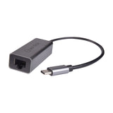 AV:Link USB-C to RJ45 Gigabit Ethernet adaptor with brushed aluminium housing and short black lead, shown on a plain white background.