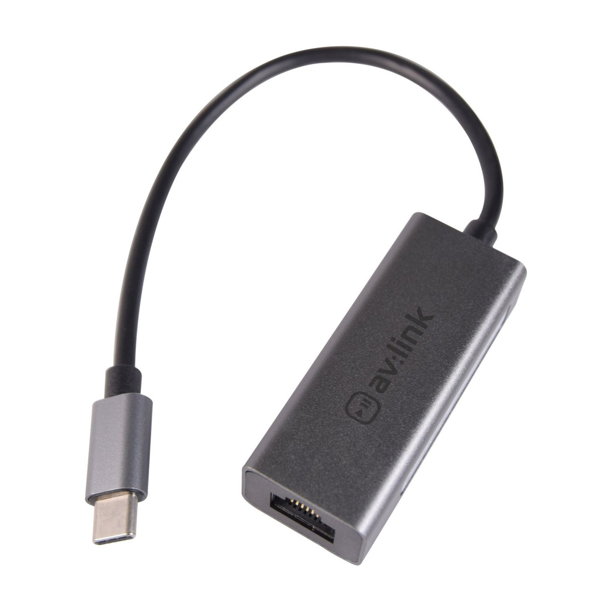 AV:Link USB-C to RJ45 Gigabit Ethernet adaptor with brushed aluminium grey housing, short black cable and Type-C plug, shown on a white background.