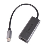 AV:Link USB-C to RJ45 Gigabit Ethernet adaptor with brushed aluminium grey housing, short black cable and Type-C plug, shown on a white background.