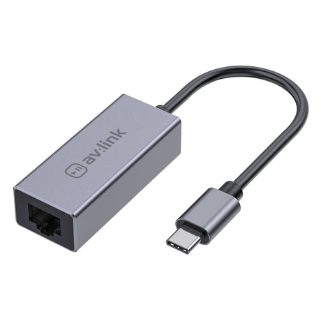 The AV:Link USB 3.0 Type-C to RJ45 Gigabit Ethernet Adaptor boasts a sleek gray design with a short black cable, ensuring easy Plug & Play installation. Featuring the av:link branding, this compact device is equipped with a USB-C connector and an Ethernet port for seamless connectivity.