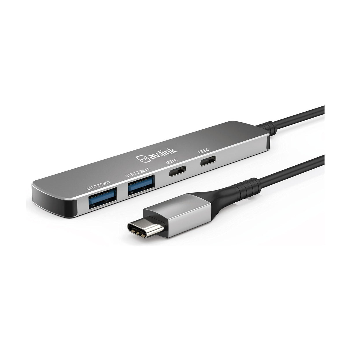AV:Link 4-port USB 3.2 Type-C hub in brushed aluminium with two USB-A and two USB-C ports and attached USB-C cable on a white background.