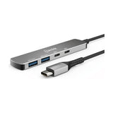 AV:Link 4-port USB 3.2 Type-C hub in brushed aluminium with two USB-A and two USB-C ports and attached USB-C cable on a white background.