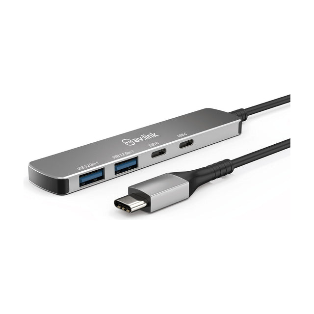 AV:Link 4-port USB 3.2 Type-C hub in brushed aluminium with two USB-A and two USB-C ports and attached USB-C cable on a white background.