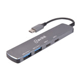 AV:Link 4-port USB 3.2 Type-C hub in brushed aluminium with two USB-A and two USB-C ports and a short tethered USB-C cable, on a white background.
