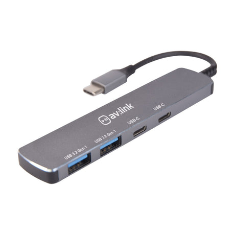 AV:Link 4-port USB 3.2 Type-C hub in brushed aluminium with two USB-A and two USB-C ports and a short tethered USB-C cable, on a white background.