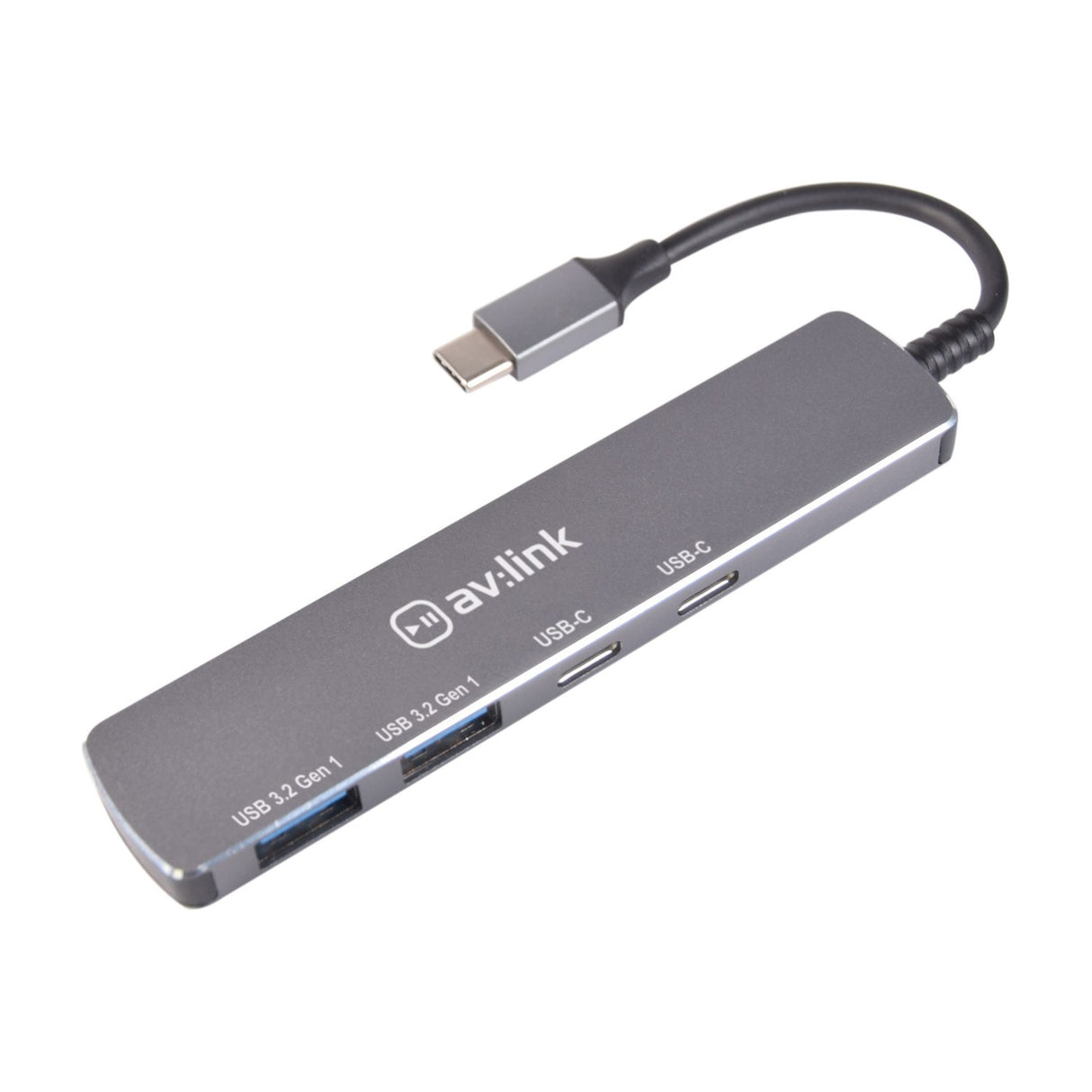 AV:Link 4-port USB 3.2 Type-C hub in brushed aluminium with two USB-A and two USB-C ports, attached cable and connector, on a white background.
