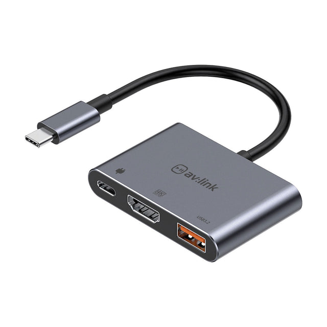 AV:Link 3 Port USB-C Hub in brushed aluminium with captive cable, featuring HDMI, USB-A and USB-C PD charging ports on a white background.