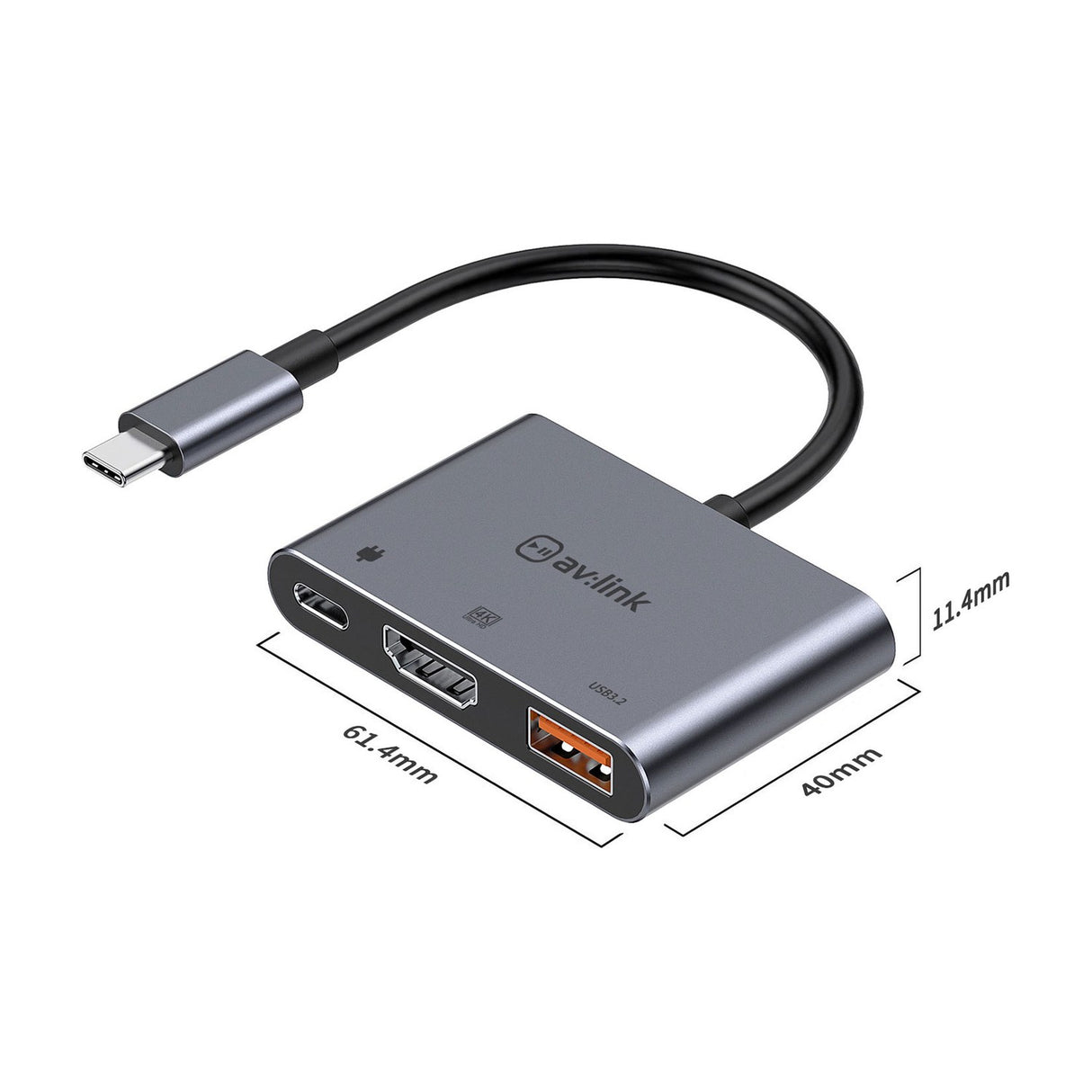 AV:Link 3 Port USB-C Hub in brushed aluminium with HDMI, USB-A and USB-C PD ports, dimensions labelled, shown on a white background.