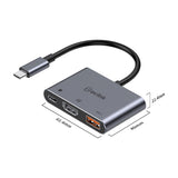 AV:Link 3 Port USB-C Hub in brushed aluminium with HDMI, USB-A and USB-C PD ports, dimensions labelled, shown on a white background.