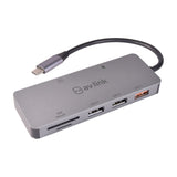 AV:Link 7-port USB-C hub in brushed aluminium with tethered USB-C cable, showing SD and MicroSD slots, two USB 2.0 ports and a USB 3.2 port.