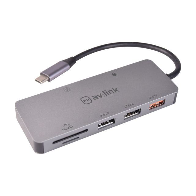 AV:Link 7-port USB-C hub in brushed aluminium with tethered USB-C cable, showing SD and MicroSD slots, two USB 2.0 ports and a USB 3.2 port.