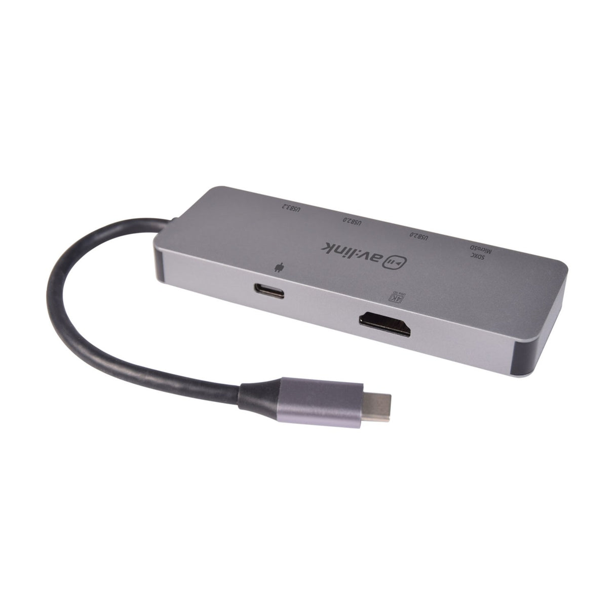 AV:Link 7 Port USB 3.2 Type-C hub in brushed aluminium with tethered USB-C cable, HDMI, USB-C PD, USB-A and SD card reader ports, on a white background.