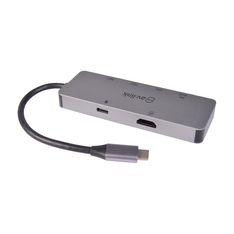 AV:Link 7 Port USB 3.2 Type-C hub in brushed aluminium with tethered USB-C cable, HDMI, USB-C PD, USB-A and SD card reader ports, on a white background.