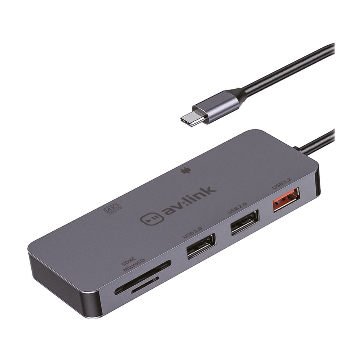 AV:Link USB-C hub in brushed aluminium with tethered USB-C cable, showing USB 3.2, two USB 2.0 ports and SDXC/MicroSD card slots on a white background.