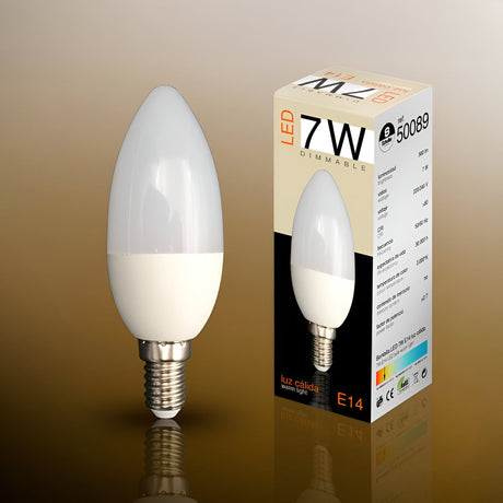 Schuller dimmable 7W E14 LED candle bulb with white opal finish beside its 3000K warm light packaging on a gradient beige background.