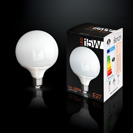 Schuller LED Globe Bulb 15W E27 with opal white finish shown beside its black retail box displaying energy label and warm light 3000K details.