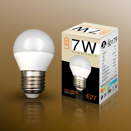Schuller dimmable LED 7W E27 opal mini globe bulb in warm white 3000K, shown beside its printed retail box on a gold reflective background.