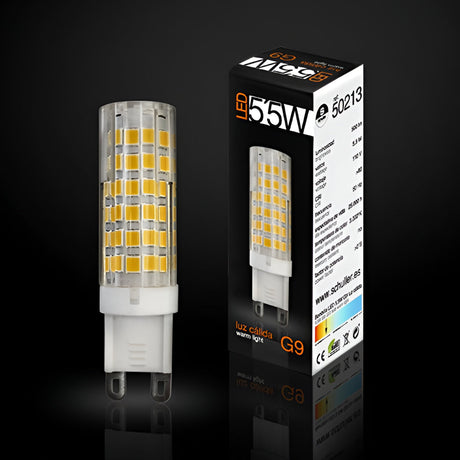 Schuller G9 LED capsule bulb 5.5W 3000K warm white beside its black and white printed retail box on a dark reflective background.