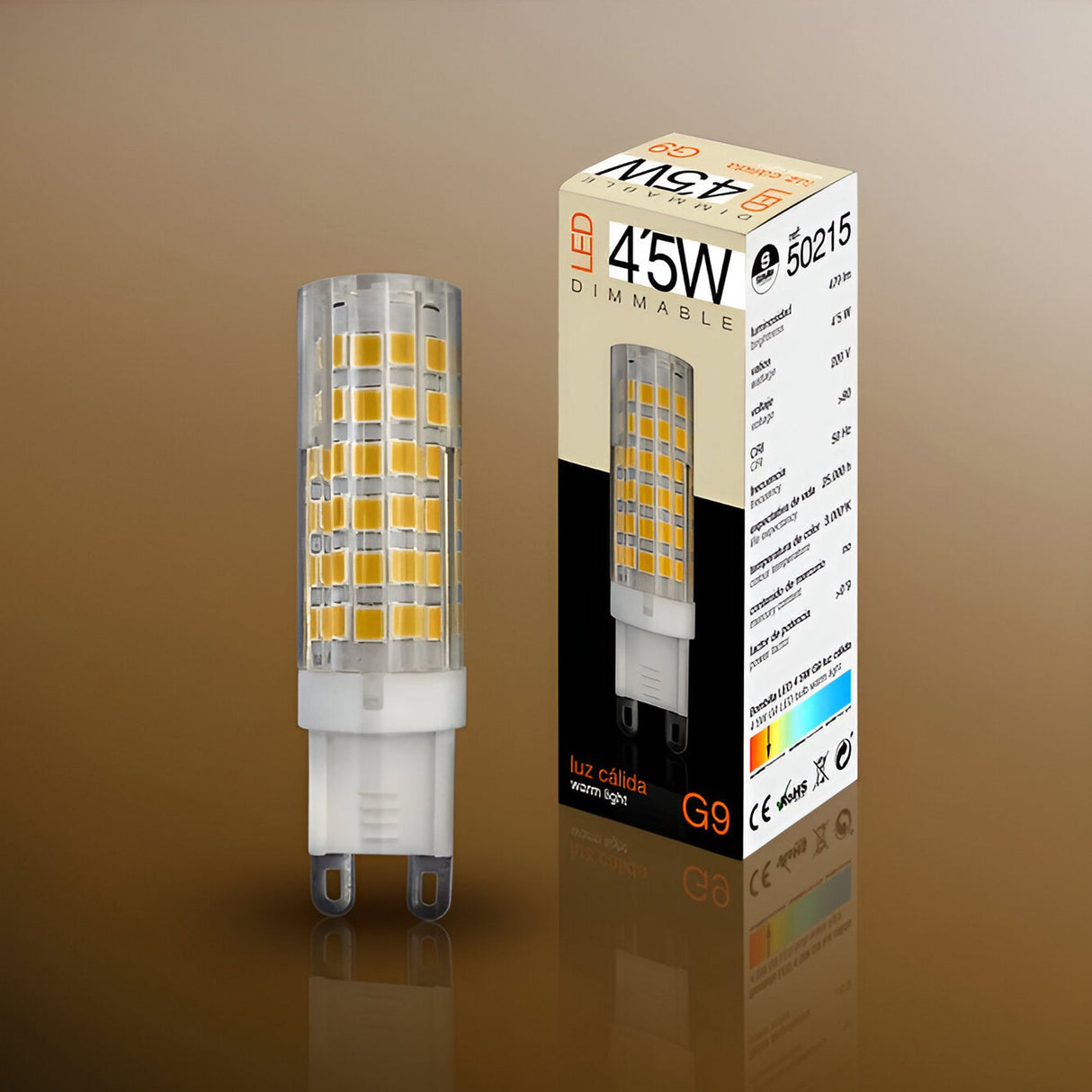 Schuller dimmable G9 LED bulb 4.5W 3000K shown beside its warm light retail box on a brown background.