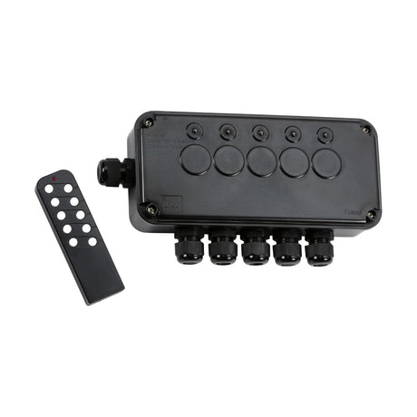 The IP66 13A 5 Gang Remote Controlled Switch Box, featuring a polycarbonate black junction box with multiple ports and a weatherproof remote control with several buttons, is designed for electrical connections and remote operations, ensuring durability across different conditions.