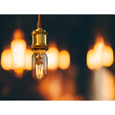 Schuller Vintage LED T45 6W E27 tubular bulb with amber glass and visible filament, suspended from a brass holder against warm bokeh lights.
