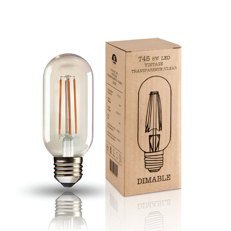 Schuller Vintage LED Bulb T45 8W E27 with clear tubular glass and warm LED filaments, shown beside its kraft product box on a white background.