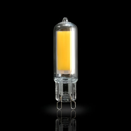 Schuller Cob LED G9 capsule bulb, 4W 3000K warm white, clear glass casing with visible filament core, shown on a black background.