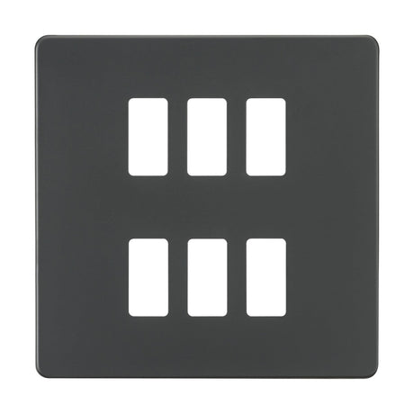 The Screwless 6 Gang Grid Faceplate in anthracite is a sleek rectangular panel made from premium-grade steel, featuring six rectangular cutouts arranged in two columns and three rows, perfect for accommodating switches or outlets with a screwless grid faceplate design.