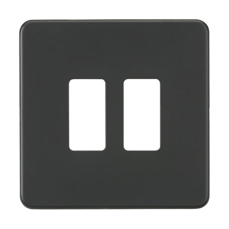 A stylish Screwless 2 Gang Grid Faceplate in anthracite, constructed from premium grade steel with two rectangular cutouts for switches, enhances any room with its modern, sleek design.