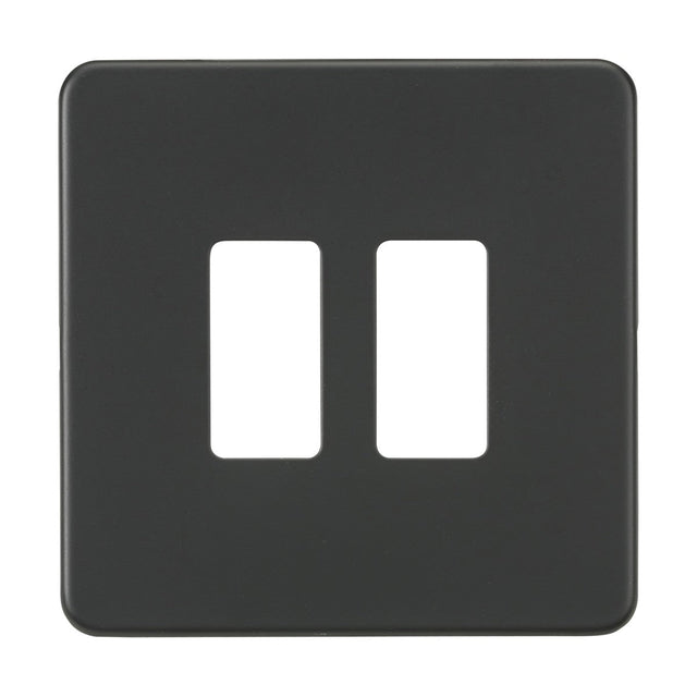 A stylish Screwless 2 Gang Grid Faceplate in anthracite, constructed from premium grade steel with two rectangular cutouts for switches, enhances any room with its modern, sleek design.