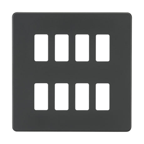 The Screwless 8 Gang Grid Faceplate - Anthracite is a square-shaped light switch panel made from premium grade steel, featuring a screwless design and eight rectangular cutouts arranged in two rows.