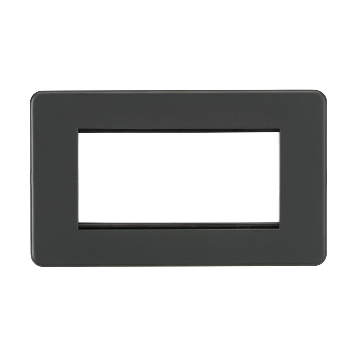 The 4 Gang Modular Faceplate - Anthracite is a dark-colored rectangular plastic electrical wall plate featuring a large central cutout for switches or outlets and a sleek screwless design, set against a plain white background.