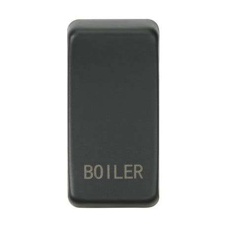 The product is an anthracite switch cover marked "BOILER," designed with a durable ABS construction. Its sleek rectangular shape complements interchangeable rocker covers for versatile style, and it stands out elegantly against a plain white background.