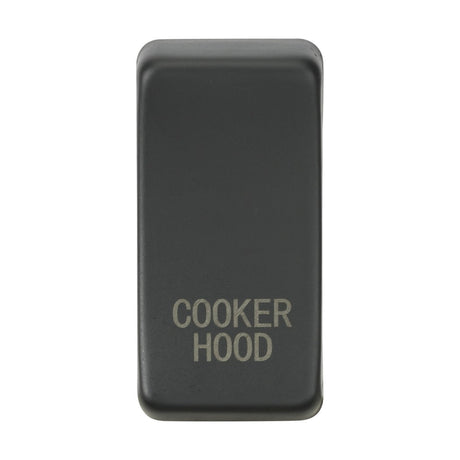 The switch cover, "Marked COOKER HOOD" in anthracite, boasts a sleek rectangular design crafted with durable ABS construction. Displayed in a neutral position, it emphasizes its minimalist aesthetic and offers replaceable rocker covers for enhanced functionality and style.