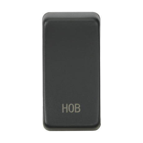 Close-up of the Switch Cover "Marked HOB" in anthracite, showcasing a black switch with white "HOB" lettering. The rectangular design has rounded edges and is set against a white background, with interchangeable rocker covers available.