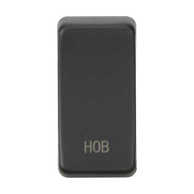 Close-up of the Switch Cover "Marked HOB" in anthracite, showcasing a black switch with white "HOB" lettering. The rectangular design has rounded edges and is set against a white background, with interchangeable rocker covers available.