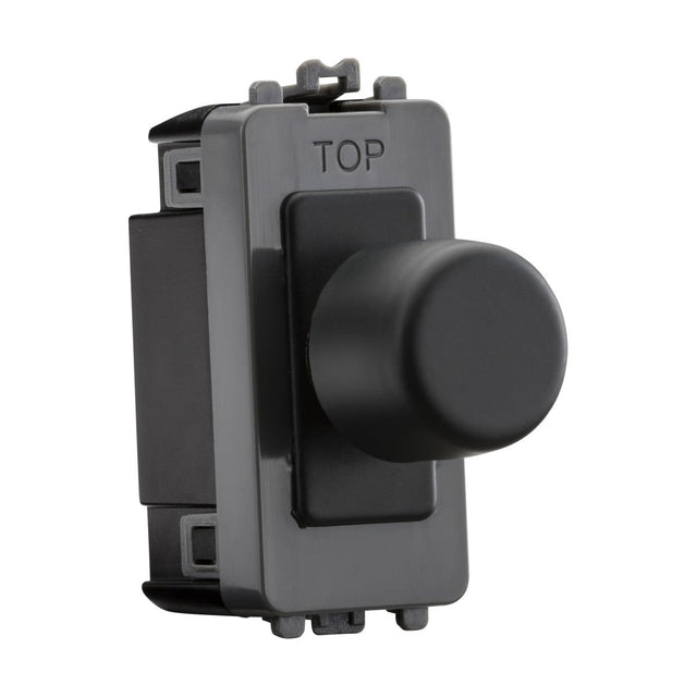 A sleek anthracite circular dimmer switch from the "6A 1 Gang 2-Way Dummy Dimmer Module" collection is artfully mounted on a rectangular plate, with the word "TOP" inscribed above the knob. With its 2-way push on/off function, this light switch is ideal for wall installation and stands out elegantly against a white background.