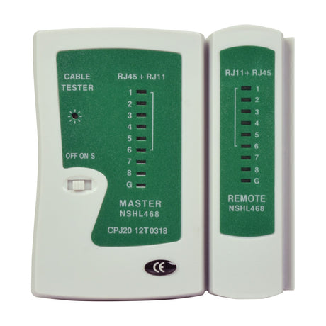 Mercury RJ45/RJ11 Ethernet network cable tester by AVSL with green labelled master unit, numbered LED indicators, power switch and detachable remote.