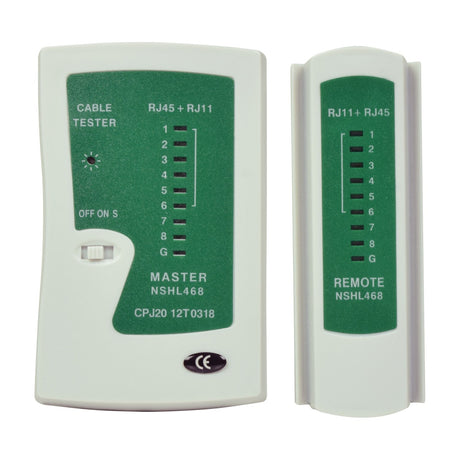 Mercury RJ45/RJ11 Ethernet cable tester by AVSL, with white and green master unit featuring LED indicators, slide switch, and detachable remote.