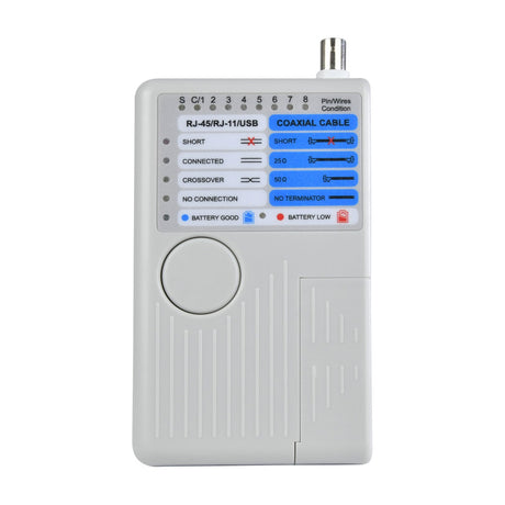 Mercury TST-C1 4-in-1 network cable test meter by AVSL, white handheld unit with LED indicators, test button and BNC connector, on a plain background.