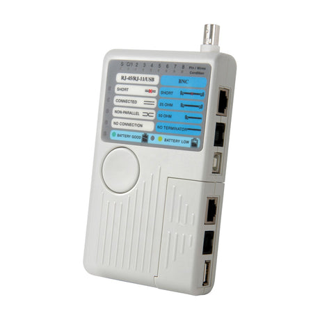 Mercury TST-C1 4-in-1 network cable test meter in white with RJ45, RJ11, USB and BNC ports, LED status panel and single test button, on a white background.
