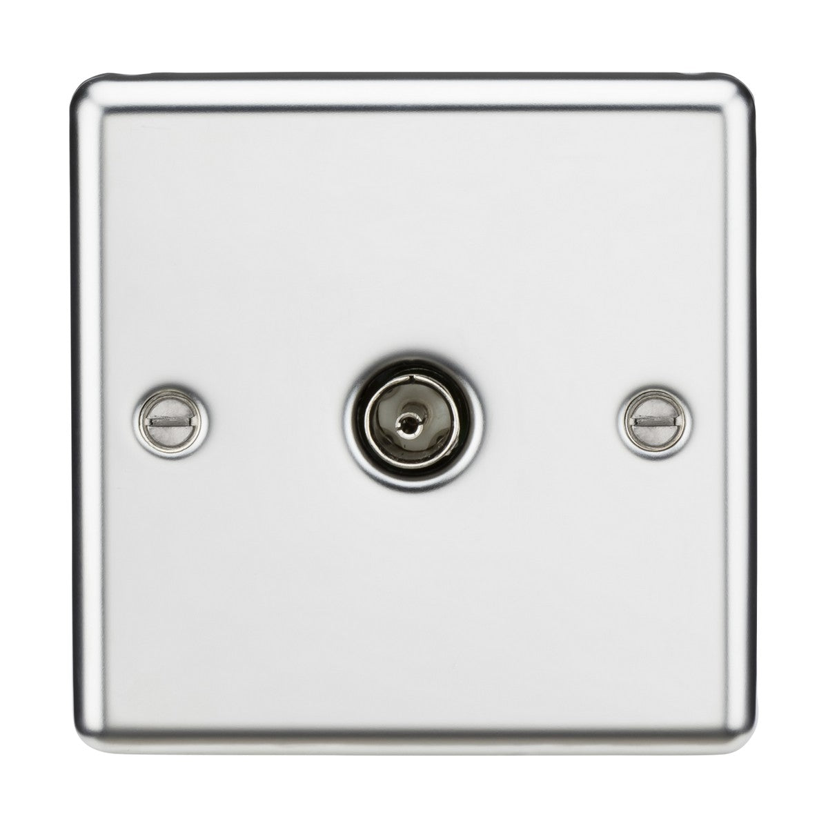 Introducing the TV Outlet (Non-Isolated) in Polished Chrome with a Rounded Edge design: This elegant square metallic wall-mounted outlet features a central circular port for coaxial cable connections for TV or internet. It boasts a sleek, minimalistic look enhanced by rounded edges and includes two screws on either side.