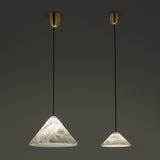 Fuji LED Alabaster Dimmable Pendant Light in two sizes, cone-shaped alabaster shades with grey veining on black flex and polished brass ceiling canopies, shown lit against a dark background.